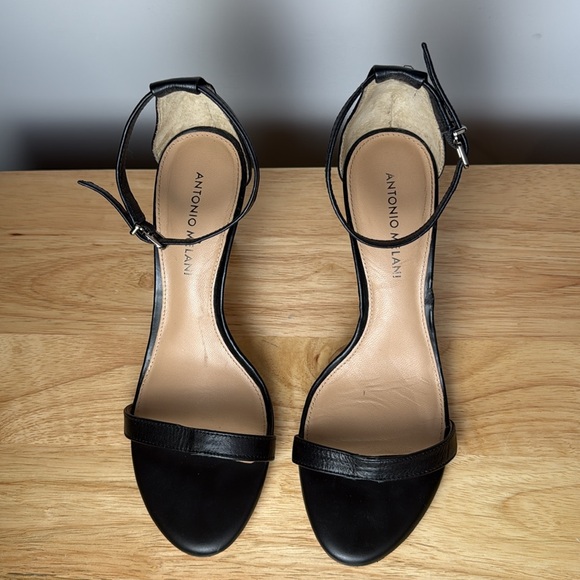 Antonio Melani Women’s Black Leather Sandal Heels Ankle Strap size 9 - Picture 2 of 6